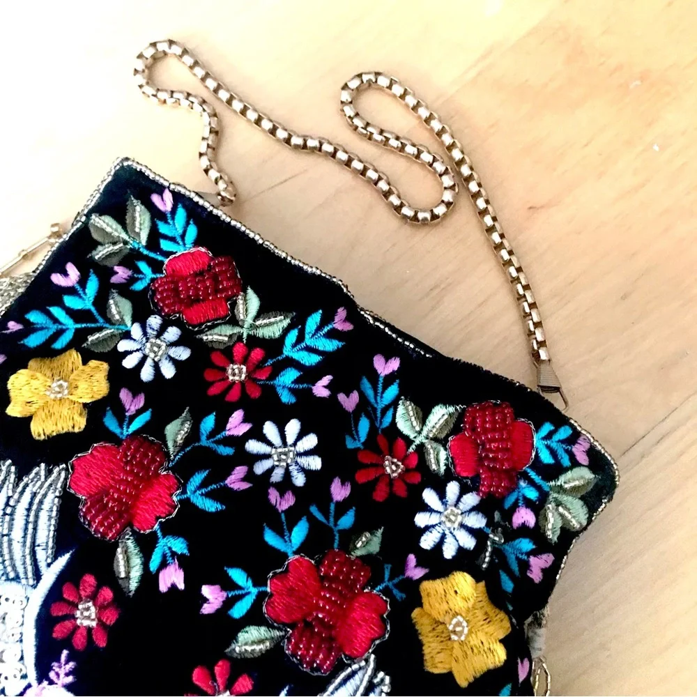 Ramla Embroidery Pouch Bag Womens Black Mumbai Handmade - Picture 3 of 15